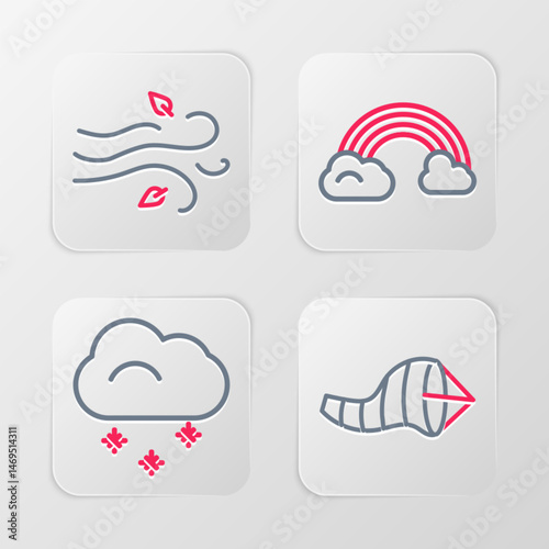 Set line Cone meteorology windsock wind vane, Cloud with snow, Rainbow clouds and Wind icon. Vector