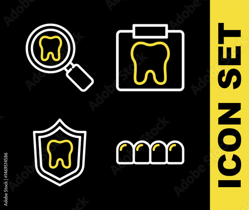 Set line X-ray of tooth, Dentures model, Dental protection and search icon. Vector