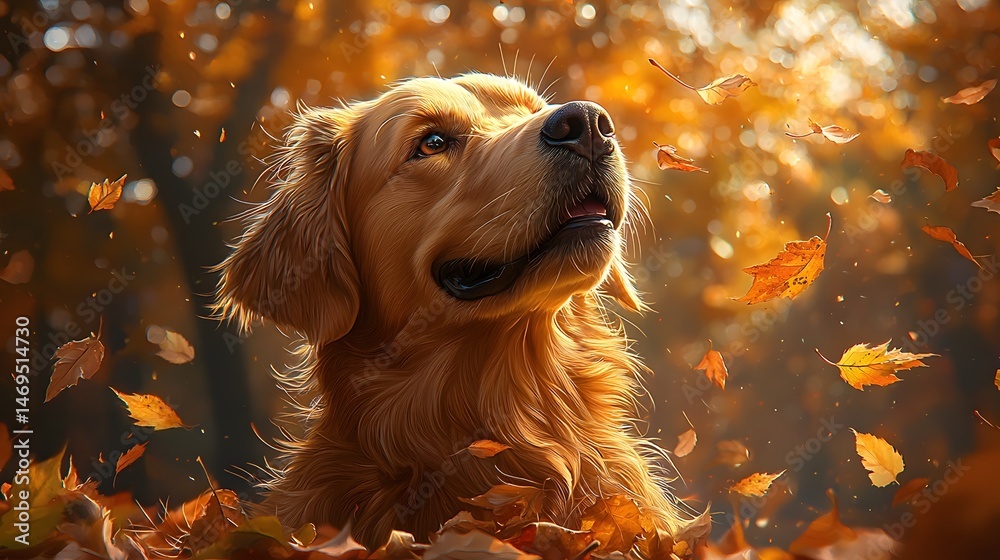 A golden retriever in an autumn park setting