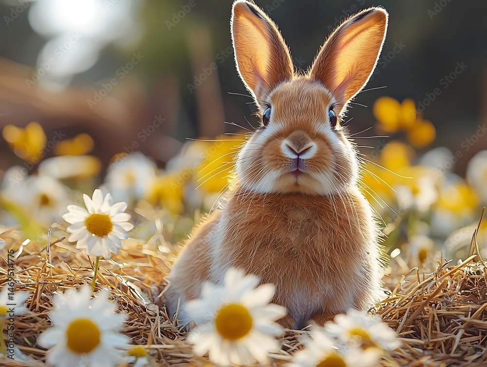 A curious rabbit sits among a bed of delicate flowers