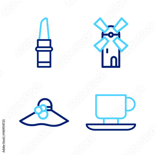 Set line Coffee cup, Elegant women hat, Windmill and Lipstick icon. Vector