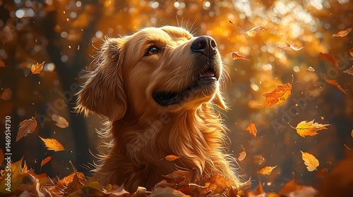 Obraz na płótnie A golden retriever in an autumn park setting w salonie