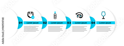 Set line Wine glass, Electric car, Bottle of wine and Calendar and clock icon. Vector