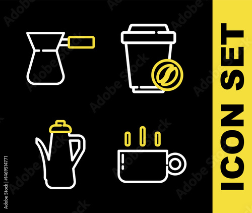 Set line Coffee cup to go, Teapot and turk icon. Vector