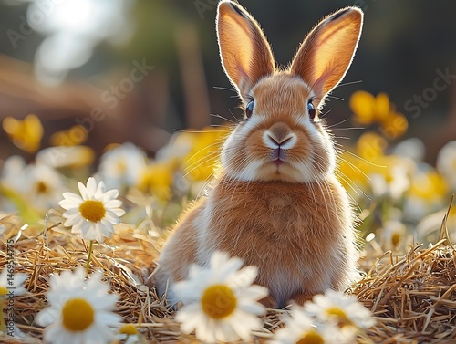 Obraz na płótnie A curious rabbit sits among a bed of delicate flowers w salonie