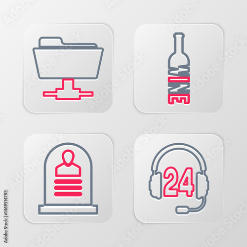 Set line Headphone for support, Tombstone with RIP written, Bottle of wine and FTP folder icon. Vector