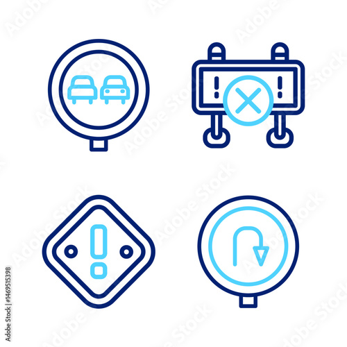 Set line Turn back road sign, Exclamation mark in triangle, Road barrier and No overtaking traffic icon. Vector