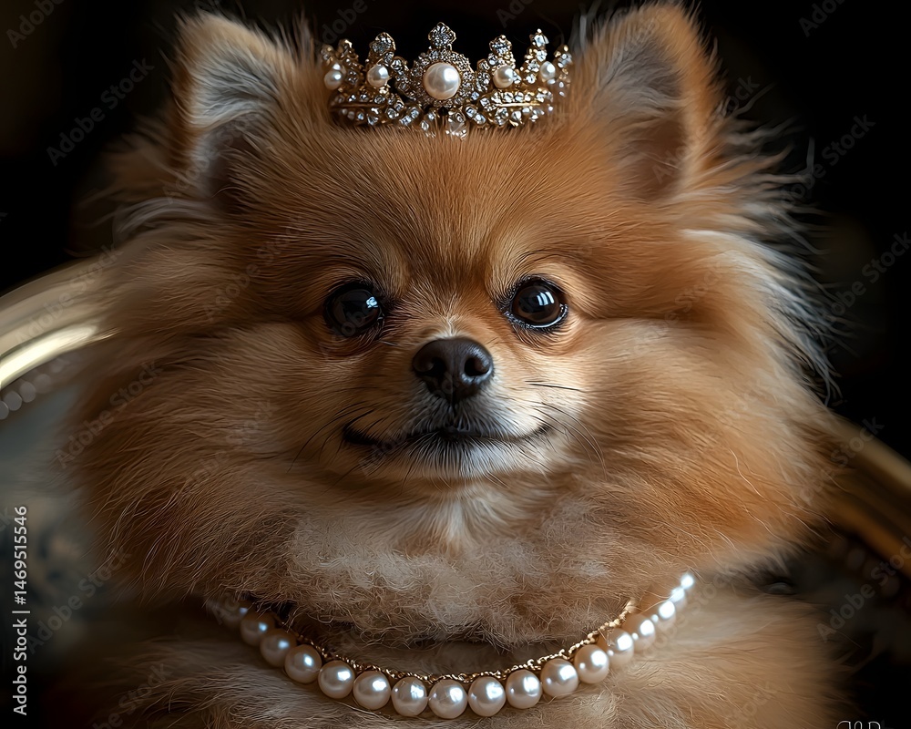 A Regal Pomeranian Adorned in Pearls and a Crown