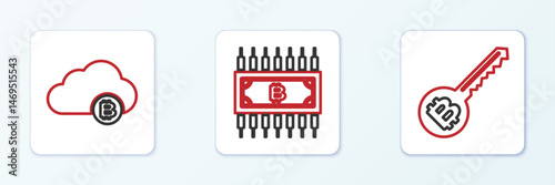 Set line Cryptocurrency key, cloud mining and bitcoin with circuit icon. Vector