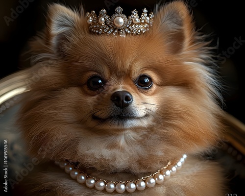 Obraz na płótnie A Regal Pomeranian Adorned in Pearls and a Crown w salonie