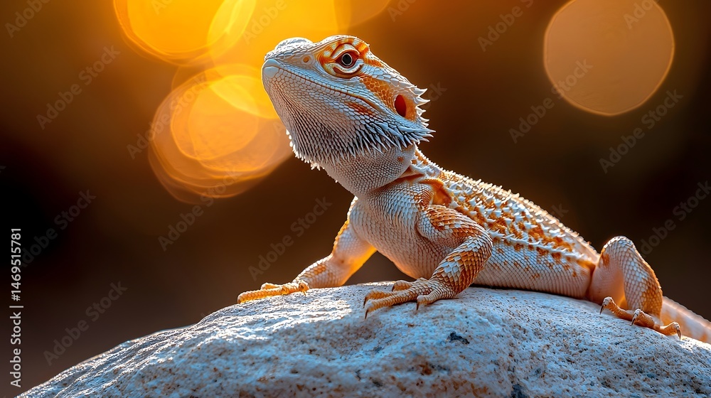 A bearded dragon basking on a rock under warm light