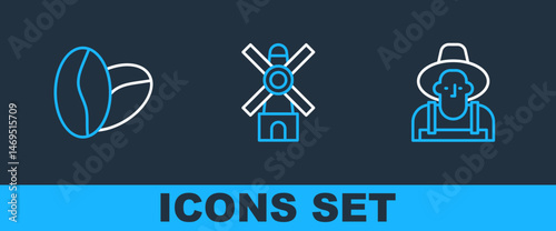 Set line Farmer in the hat, Coffee beans and Windmill icon. Vector