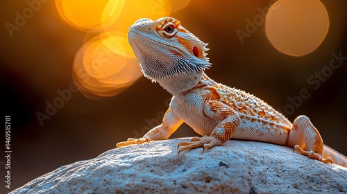 Obraz na płótnie A bearded dragon basking on a rock under warm light w salonie