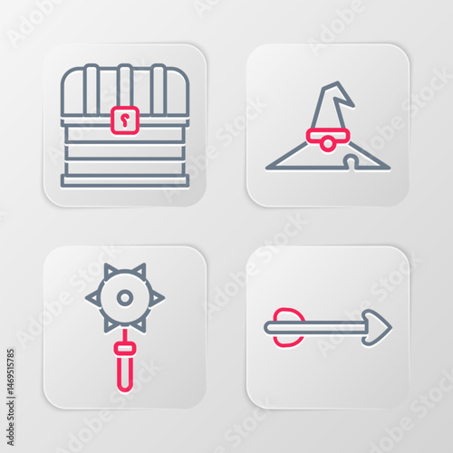 Set line Arrow, Medieval chained mace ball, Witch hat and Chest icon. Vector