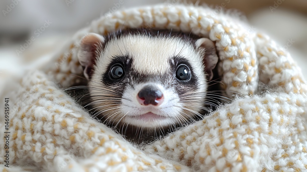 A curious ferret peeking out from a cozy blanket