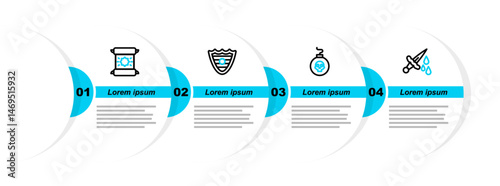 Set line Sword with blood, Bomb ready to explode, Shield and Decree, parchment, scroll icon. Vector