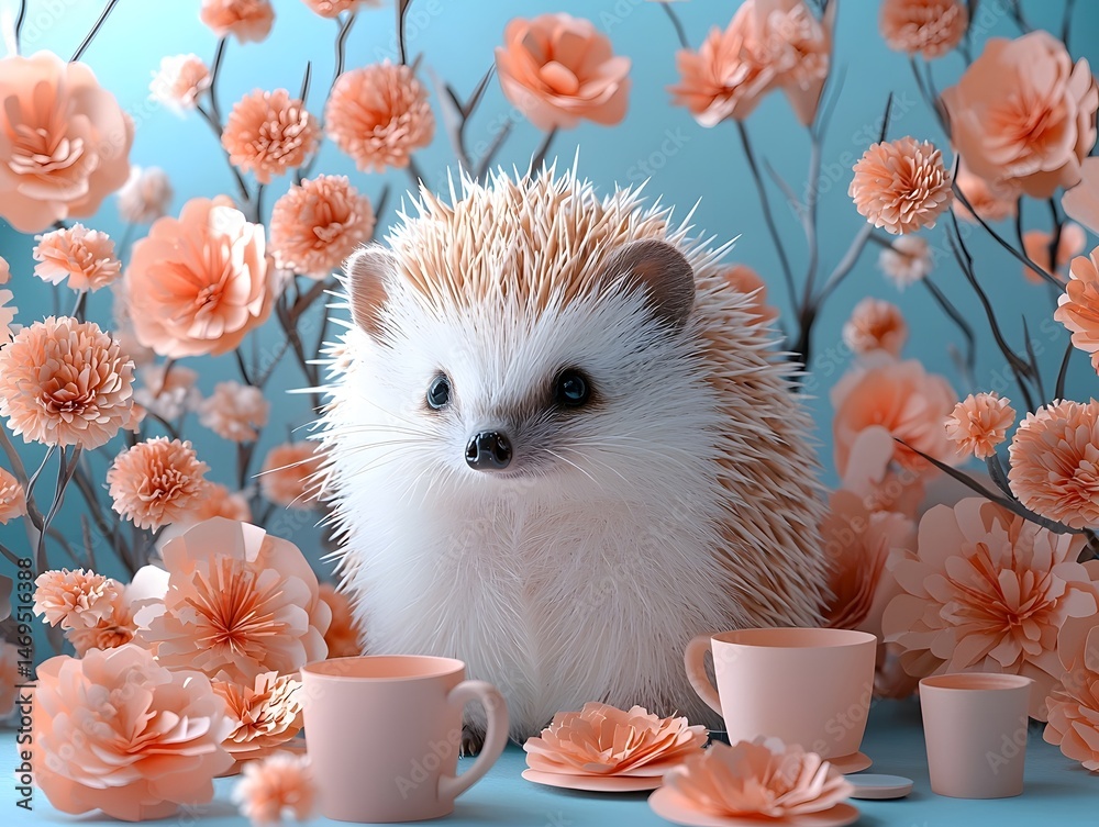 A whimsical portrait of a hedgehog surrounded by tiny paper props