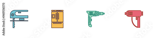 Set Electric jigsaw, Refrigerator, drill machine and industrial dryer icon. Vector