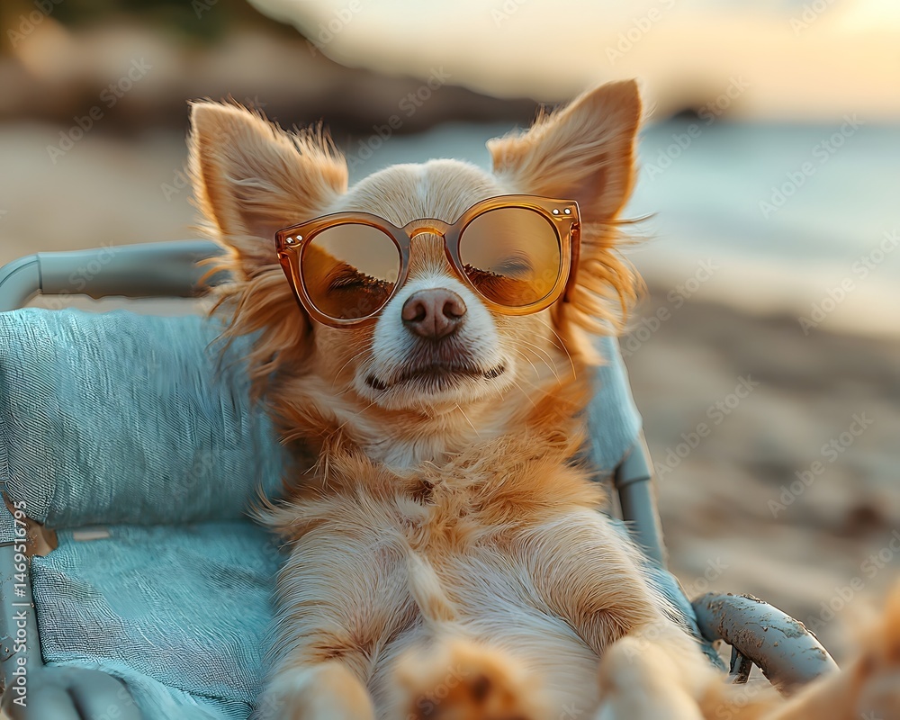 Chihuahua wearing sunglasses relaxing on a beach chair