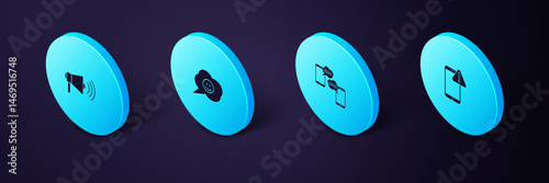 Set Isometric Mobile with exclamation mark, Chat messages mobile, Speech bubble smile face and Megaphone icon. Vector