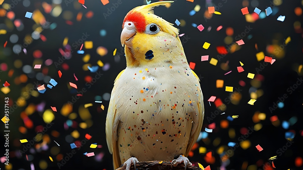 Colorful Cockatiel Playfully Tilting its Head Amidst Falling Confetti