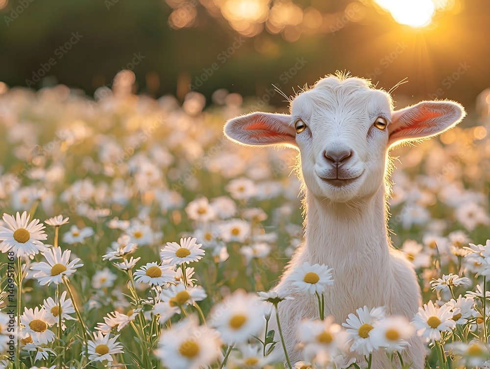 A gentle portrait of a curious goat in a field of daisies at sunset
