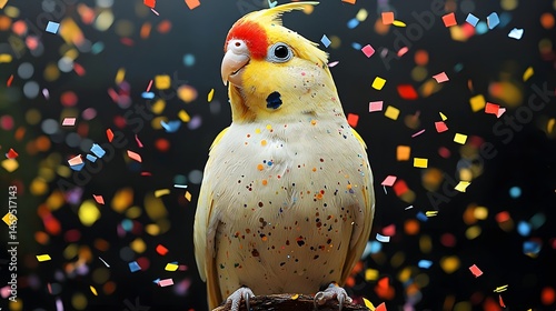 Obraz na płótnie Colorful Cockatiel Playfully Tilting its Head Amidst Falling Confetti w salonie