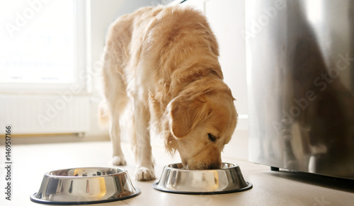 Adorable Dog Golden Retriever Breed Eating Food From Bowl In The Kitchen