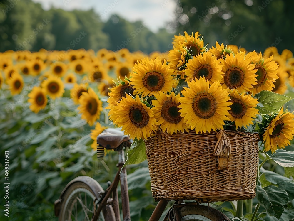 Sunflowers in a basket on a rustic bicycle in a blooming field