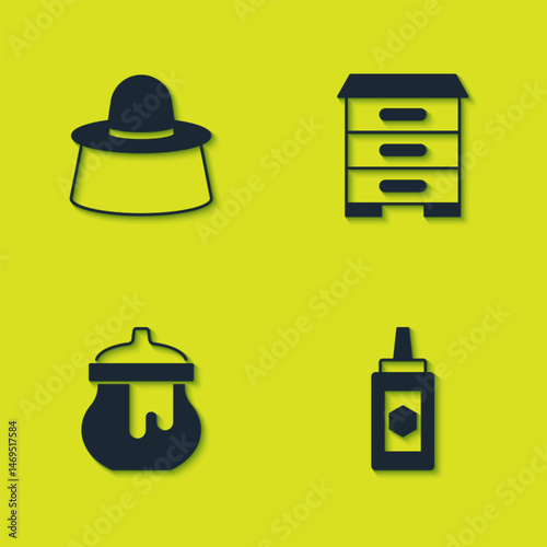 Set Beekeeper with protect hat, Jar of honey, and Hive for bees icon. Vector