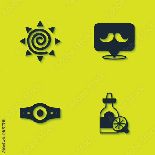 Set Sun, Tequila bottle with lemon, Wrestling championship belt and Mustache icon. Vector