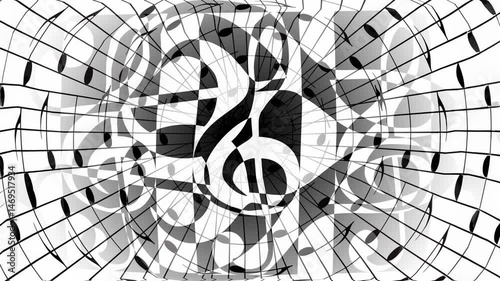 abstract music theme background with music note and clef, modern design, black and white color. Loop Animation.