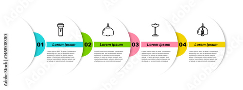 Set line Flashlight, Chandelier, Floor lamp and . Business infographic template. Vector