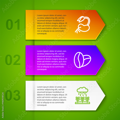 Set line Sprout, Coffee beans and Plant sprouts grow in the rain. Business infographic template. Vector