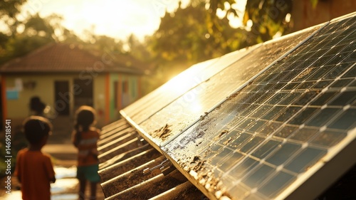 Solar panels capture sunlight in rural setting as young children observe sustainable technology for a bright future in clean energy initiative. Dirty solar panels