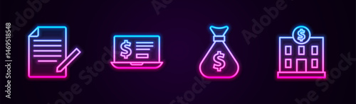 Set line Document and pen, Laptop with dollar, Money bag and Bank building. Glowing neon icon. Vector