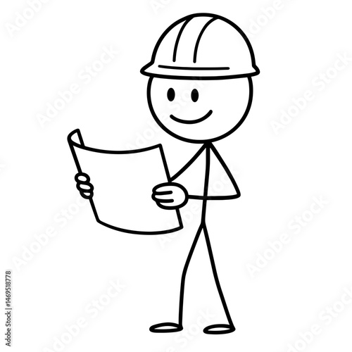 Stick figure builder reading construction blueprint