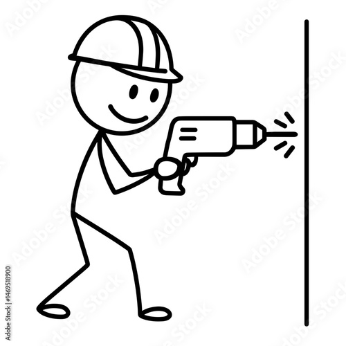 Stick figure builder drilling wall with power drill