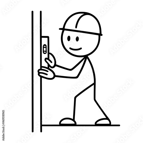Stick figure builder checking vertical alignment with level