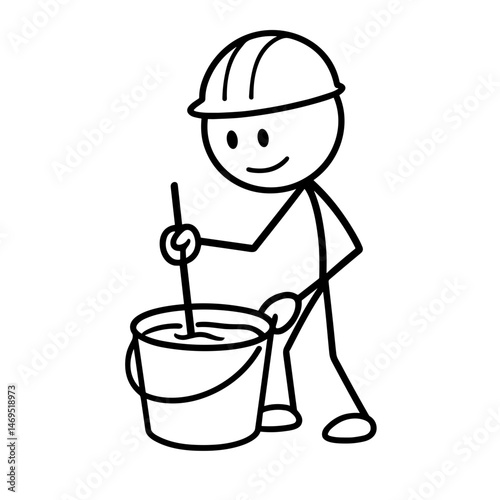 Stick figure builder mixing construction material in bucket