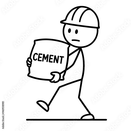 Stick figure builder carrying heavy cement bag