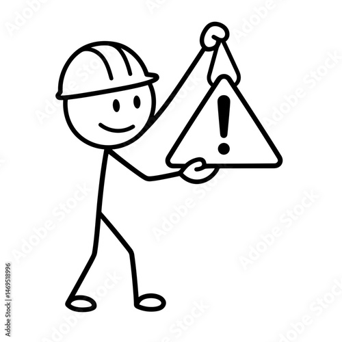 Stick figure builder holding up warning sign