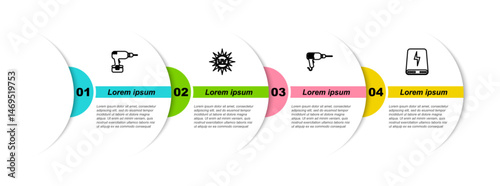 Set line Drill machine, UV protection, and Power bank. Business infographic template. Vector