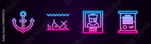 Set line Anchor, Sunken ship, Wanted poster pirate and Decree, parchment, scroll. Glowing neon icon. Vector