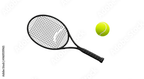 Tennis racket and ball are featured in a  setting,  rendered in a stylized manner against a black background. The image is well-lit with a focus on the sport equipment.