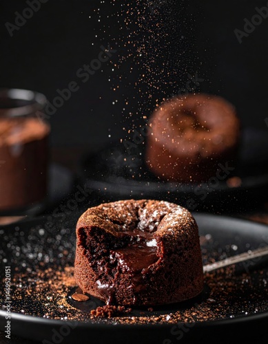 Food Editorial AI Generated - Delicious molten chocolate lava cake with flowing rich warm chocolate interior dusted with powdered sugar on black plate with blurred background