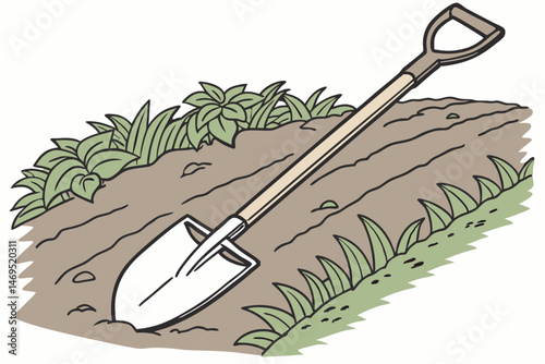 43 metal shovel, wooden handle, gardening tool, agricultural equipment, landscape design, soil cultivation, outdoors, natural materials, functional design