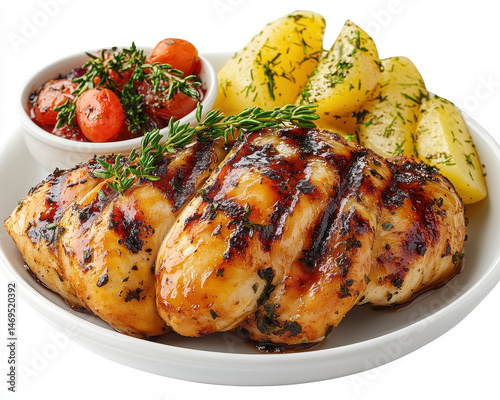 Grilled Chicken Breast with Herbs and Glazed Vegetables Served with Roasted Potatoes on White Background