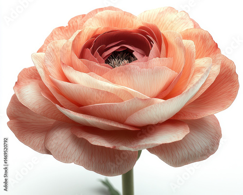 High-Quality Image of a Blooming Peach-Colored Ranunculus Flower Isolated on a Pure White Background