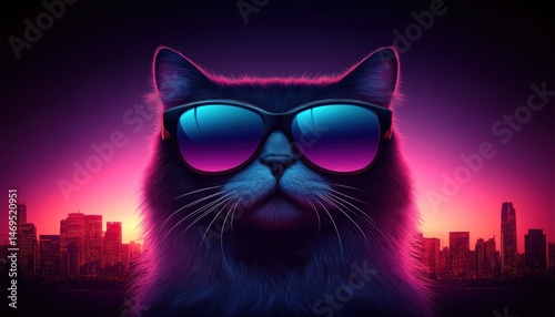 Cool cat with sunglasses, urban sunset backdrop